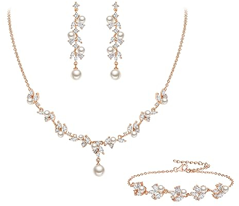Clearine Braut Schmuck Set elfenbeinfarben künstliche Perle Marquise Zirkonia Cluster Anhänger Halskette Ohrhänger und Armband Rosegold Ton