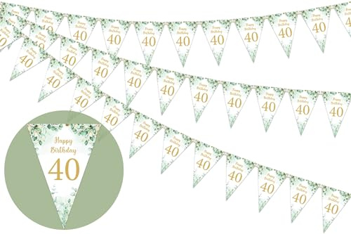 Fangleland Wimpelkette zum 40. Geburtstag, Salbeigrün, dreieckige Flagge, Banner für Damen und Herren, 40. Geburtstag, Wimpelflagge, Party, hängende Dekorationen, grün für den Innen- und Außenbereich