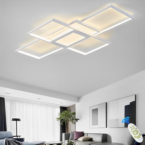 Qiaomao Modern Design LED Deckenleuchte 92W Dimmbar Rechteckige Deckenleuchte Wohnzimmer Deckenlampe Weiß Mit Fernbedienung, Zentrale Steuerbox mit Scheinwerfer, Für Küche, Esstisch, Büro, 100cm
