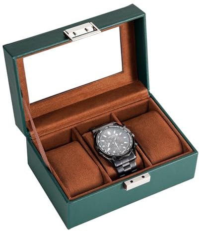 ProCase Uhrenbox mit 3 Fächern, Uhrenkasten mit Glasdeckel, Uhrenkoffer mit Uhrenkissen, Uhrenaufbewahrung, Premium-Uhrenschatulle, PU-Leder Uhrenkasten, Watch Box für Herren - 3 Fächer, Grün | PU-Leder Uhrenkasten Uhrenaufbewahrung Premium-Uhrenschatulle für Herren
