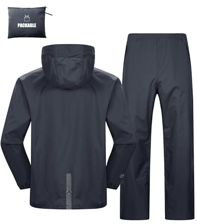 Outdoor Ventures Men's Packable Rain Suit Lightweight Rainwear Waterproof Jacket and Trouser Set for Riding Hiking Fishing Camping Dark Gray-Unlined L