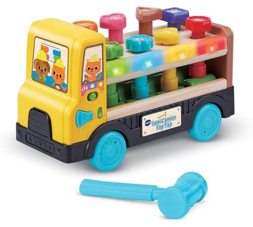VTech – Lumi Camión Tap Tap, Camión Infantil Hablando y Musical Parcialmente de Madera, Juguete de Despertar y Motricidad Interactivo y Luminoso, Regalo para Bebé a Partir de 18 Meses – Contenido en