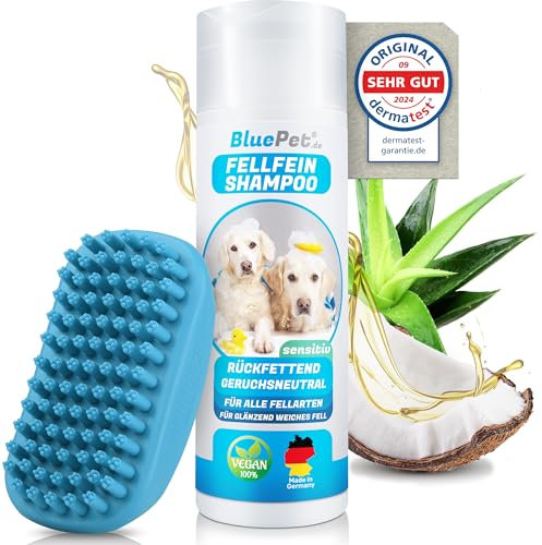 BluePet Badebürste Gummistriegel + Hundeshampoo für Hunde & Katzen mit Massageeffekt I Entferne loses Deckhaar, Staub, Schmutz und massiere Shampoo ein I Idealer Badestriegel