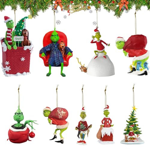 KBIBCK 9 Stück Grin-ch Weihnachtsschmuck, Weihnachtsbaumschmuck, G-rinch Hängende Ornament, Weihnachtsbaumschmuck-Anhänger, lustige Harzanhänger für Zuhause, Feiertage, Partys, Grünhaariges Monster