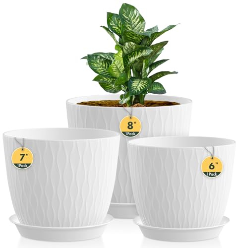 Homeuouz Lot de 3 pots de fleurs avec système d'irrigation, 20,3 cm/17,8 cm/15,2 cm, avec système d'irrigation, cache-pot avec soucoupe, idéal pour l'intérieur et les jardins de balcon, blanc