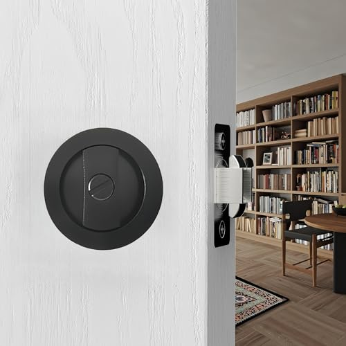Pocket Door Lock,Privacy Square Pocket Door Hardware,Invisible Sliding Door Lock Keyless(2-3/8 Backset),Flush Pocket Door Locks (Matte Black Round)