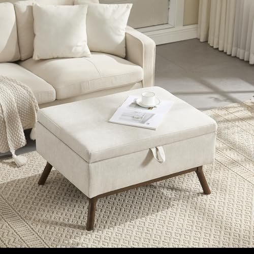 MURUL Mid-Century moderner quadratischer Couchtisch mit Stauraum, handgefertigt aus massivem Holzrahmen, montiert (Beige)
