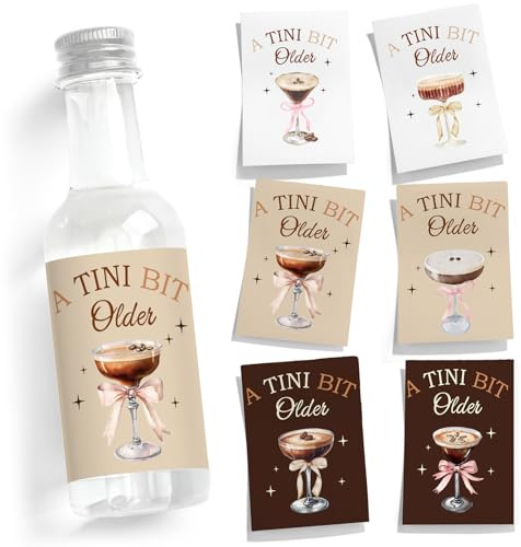 Clabby 48 Pcs a Tini Bit Older Birthday Espresso Martini Label Mini Liquor Bottle Sticker a Tini Bit Older Party Decoration Label Cup Stickers for Birthday Bachelorette Party Decoration(Espresso)