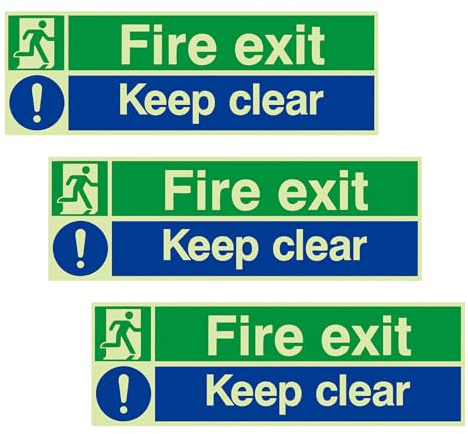 3 Pack Fire Exit Keep Clear Sign, Fire Exit Sign Glow in the Dark, 30cm x 10cm Self Adhesive Rigid Plastic, Ideal for Offices Buildings Warehouses and Public Spaces, Easy Installation
