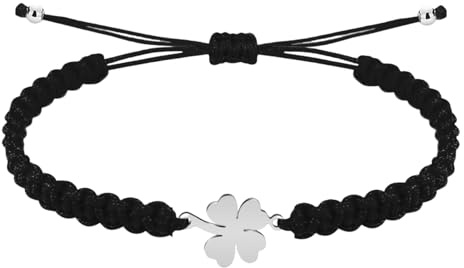 cotigo Pulsera Hilo Destino con Simbolos de acero inoxidable, amuletos de proteccion y suerte, Amuletos contra el mal de ojo - Pulsera Mujer/Pulsera Hombre (TREBOL NEGRO PLAT)