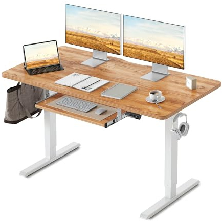 FEZIBO Electric Standing Desk with Keyboard Tray, 140 x 60 cm Height Adjustable Sit Stand Desk with Memory Presets and Anti-Collision, Home Office Computer Desk, White Frame/Light Rustic Top