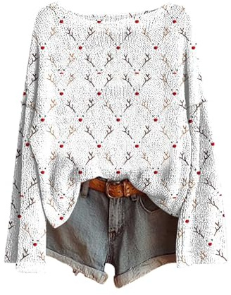 christmas jumper women Womens Christmas Tree Sweatshirts UK Long Sleeve Novelty Funny Print Jumper Oversized Crewneck Xmas Holiday Casual Shirts Fashion Pullover Tops Fall Winter White XXL