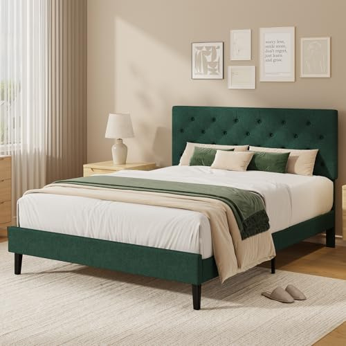 HOMBCK Double Bed Frame, 135 x 190 cm, with Adjustable Upholstered Headboard, Heavy Duty 256kg Weight Capacity, Easy Assembly, No Box Spring Needed, Green