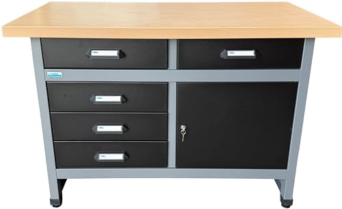 Küpper Werkbank für 3D-Drucker, 120x84x60cm, 5 Schubladen, 1 Tür, 300 kg Traglast, hochwertige, abwaschbare Echtholz-Furnierplatte