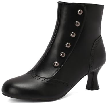 Genérico Mujer Cuero PU Botas Cortas con Cremallera Lateral Punta Redonda Estilo Vintage Victoriano con Tachuelas Tacón De Gatito Zapatos Brogue,Negro,36 EU