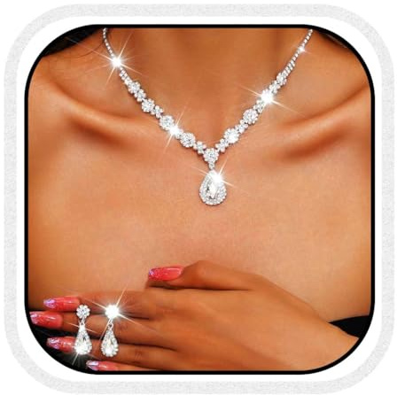 Reaky Ensembles de bijoux de mariée, collier vert en strass, bijoux de mariage pour femmes (Argent)