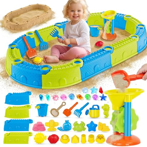 JONRRYIN Giochi Spiaggia Bambini, 44 Pezzi Sabbia Giocattoli con Stampi per Castelli, Secchio Pala Rastrello Stampi, Pietra Preziosa, Giochi Mare Esterno per Bambini Ragazzi Ragazze (Oval)