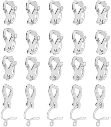 LYQNIHOB Set de 20 Clips para Pendientes, Pendientes con Clip, en Acero Inoxidable y Componentes Convertidores de Pendientes, Bandeja Trasera Plana Redonda, para Orejas no Perforadas, Plata