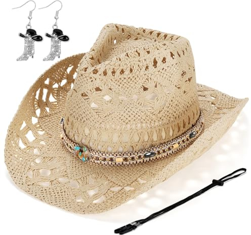 Geebuzz Straw Cowboy Hat for Women, Western Cowgirl Hats with Boot Earrings, Brim Summer Beach Hat (Beige)