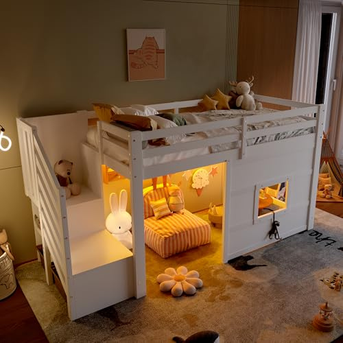 Xwiny Kinderbett 90x200 cm mit LED-Kopfteil und Treppe Stauraum, Hochbett mit Fenster, Stauraumbett, Holzrahmen, Weiß-B(Ohne Matratze)