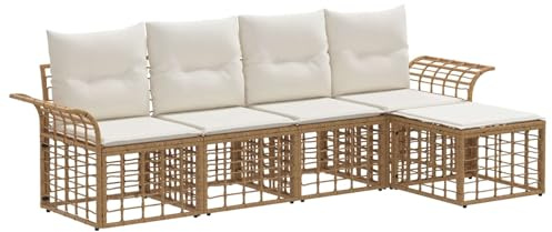 Owoxanthellate Outdoor-Sofa-Set 5-teilig, Gartenmöbel Lounge-Set aus Poly-Rattan, Modulares Gartensofa inklusive Kissen, Creme-Weiß für Terrasse und Garten