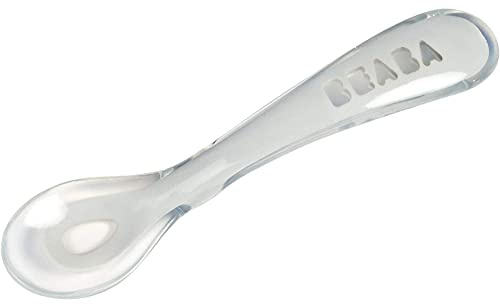 BÉABA - Cucchiaio in Silicone per Neonati e Bambini, Set da 4, Cucchiaino Bebé per lo Svezzamento, 2a Infanzia, Flessibile, Punta Arrotondata, Manico Ergonomico, Grigio