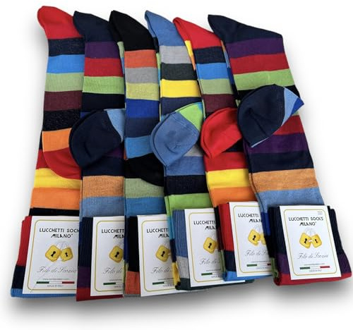 Lucchetti Socks Milano 6 paia Calze Uomo Lunghe Filo di Scozia Fantasia Cotone Colorate Pois Righe Disegni divertenti Made in Italy (IT, Numero, 41, 46, Regular, Regular, Set Sopra le righe)