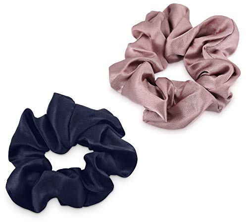 Navaris 2x Coletero de seda para pelo - Gomas para el cabello de tela - Set 2x cinta elástica - Scrunchies para moños trenzas - Azul oscuro y rosa