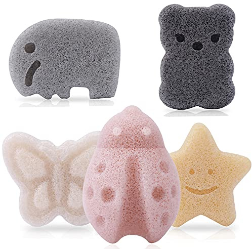 KECUCO 5 Pcs Konjac Baby Sponge for Bathing, Kids Bath Sponges for Infants, Toddler Bath Time, Cute Shapes and Safe Plant-Based Konjac Baby Bath Accessories, 5pcs