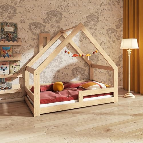 Need Sleep Kinderbett Haus Hausbett Bodentief 70x140 cm mit Rausfallschutz Schornstein Lattenrost Bodenbett Montessori Bett ab 2 Jahre aus Holz Mädchen Junge Symmetrisch