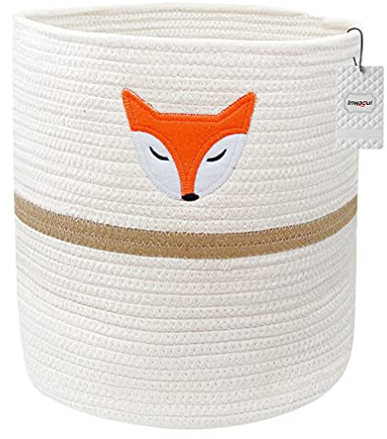 Inwagui Panier de Rangement en Corde de Coton Bébé Corbeille à Linge Tissé à Motif Renard Bac de Rangement avec Poignées pour Chambre d'enfant Jouets Vêtements, Blanc
