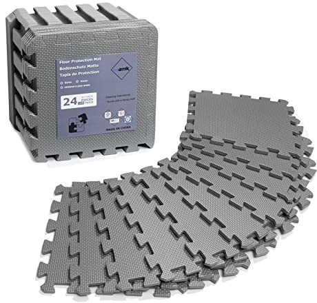 Wemk Bodenschutzmatte Fitness [30x30cm], 24 Stück Extra Dicke Puzzlematte Schutzmatten Set, EVA Sportmatte, Rutschfeste Schutzmatten für Fitnessgeräte, Grau