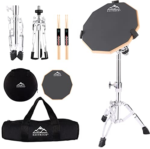 EASTROCK Schlagzeug-Übungspad,Drum Practice Pad 12 Zoll doppelseitig Kieselgel Übungspad mit Snare Drum Ständer Rucksack Drumsticks für erwachsene Anfänger Grau