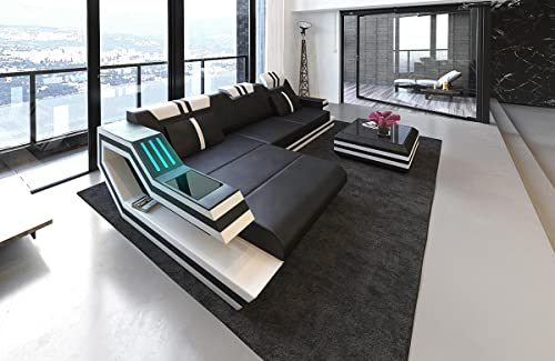 Ledersofa Ravenna L Form Ecksofa Sofa - mit LED Beleuchtung, verstellbare Kopfstützen, Recamiere/Lederfarben wählbar/Ausrichtung wählbar (Ottomane Links, Schwarz-Weiß)