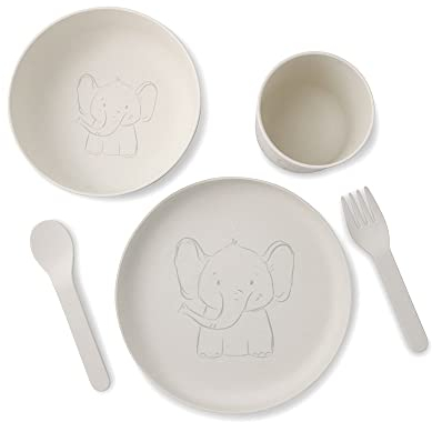 BIOZOYG - Set Stoviglie per Bambini 5 Pz in Bioplastica - Set Colazione Lavabile in Lavastoviglie Piatto Ciotola Tazza Cucchiaio Forchetta - Regalo Bambini - Design Animali Elefante