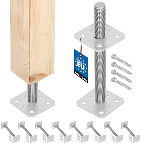 KOTARBAU® 8 st. Stolpfot - Galvaniserat Stål - 80 x 80 x 250 mm - M24 - Silver - Justerbar Stolpfot - för Betong Montering - Galvaniserad Stolpstöd - Stolpsko med Skruvjustering
