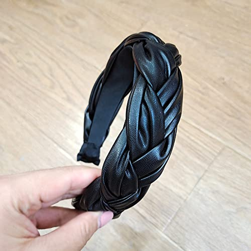 Duories Mode Pu Leder Twist Zopf Haar Accessoires,Vintage rutschfeste 3cm Breit Haarband,Elastische Stirnbänder für Täglichen Gebrauch,Geeignet für Dating Urlaub Reisen Yoga Wiedervereinigung,Schwarz