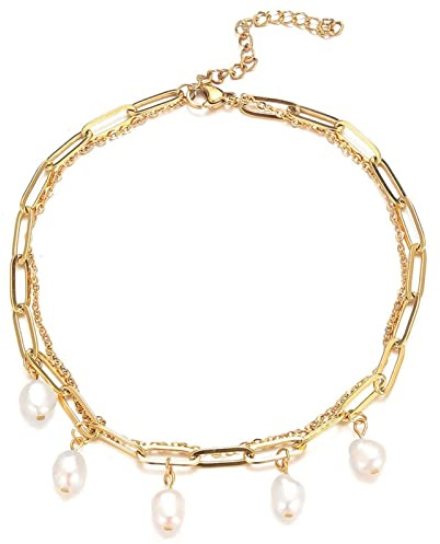 Daesar Fußkettchen Edelstahl, Fußkette Damen Doppelte Schichten Gliederkette mit Anhänger Perlen, Fussketten Gold Silber 25/30CM Fußkettchen Nickelfrei