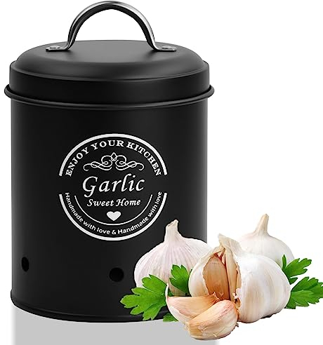 Fangehong 1 Pcs Kartoffel, Zwiebel, Knoblauch Aufbewahrung, kartoffelaufbewarung, Metal Aufbewahrungsboxen Küche, Gemüse Vorratsdose mit Deckel (Knoblauch Schwarz)