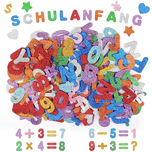 230 Stück Moosgummi Buchstaben Selbstklebend, Glitzer Buchstaben für Schultüte, Schaumstoff Buchstaben Aufkleber, Zahlen Aufkleber Alphabet Stern Herz Deko für Schulkind Schulanfang Einschulung