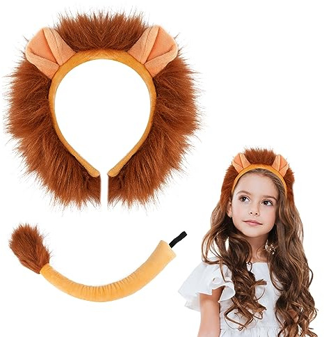 ACWOO Animal Costume Accessories set, 2PCS Lion Ears Headband & Tail Set for Kid and Adult, Animal Fancy Dress for Halloween Birthday Christmas Cosplay Accessoy Lion Theme Party Favors
