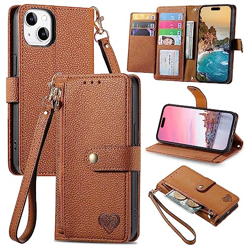 VEEMOS Handyhülle für Apple iPhone 14 Hülle Klappbar Klapphülle Schutzhülle mit Kartenfach RFID Reißverschluss Handy Tasche Leder Flip Case Cover Handytasche Frauen - Braun