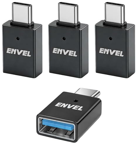 ENVEL Adaptador USB C a USB A Pack 4, 10Gbps OTG Tipo C Macho Hembra | Adaptador OTG pack 4: USB C macho a USB A hembra. 10Gbps para iPhone 16/15, iPad, Galaxy S26/S25, CarPlay y portátiles.