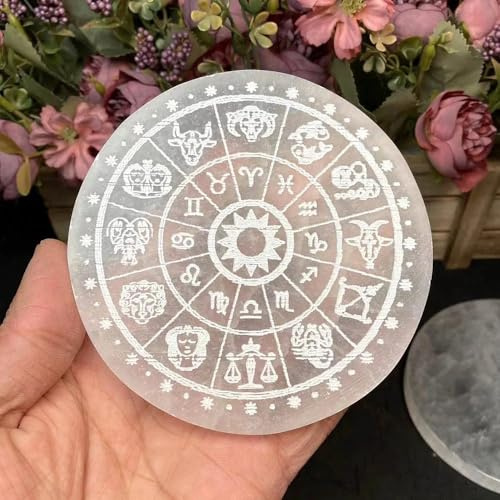 AtkitS Cristal Placa de Carga de Yeso Blanco, losa de selenita de Cristal Natural, Sol, Luna, Piedra energética de Limpieza, adivinación de meditación (Color : 12 Zodiac)