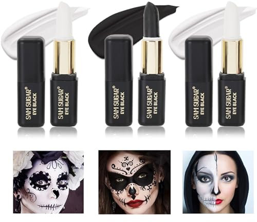 3 Stück Halloween Schminke Stift,Schwarz Weiße Schminke Gesichtsfarbe Halloween Make up Stick Lippenstift Theaterschminke Set Halloween Face Paint Vampir Zombie Skelett Clown Schminke Kunst Party
