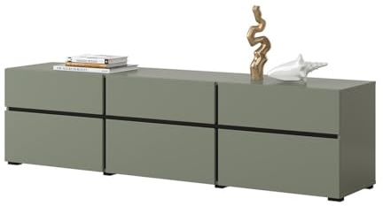 Meublorama Meuble TV Coloris Vert Sauge 180cm Collection Havana. Meuble Design avec 3 Portes et 3 tiroirs.