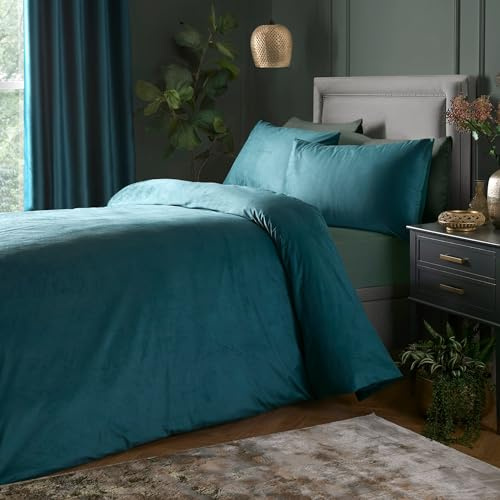 Laurence Llewelyn-Bowen - Juego de Funda de edredón de Terciopelo Verde Azulado, tamaño King (230 x 220 cm), 2 Fundas de Almohada, Tacto Suave, Juego de Ropa de Cama de Lujo, Color Verde Azulado