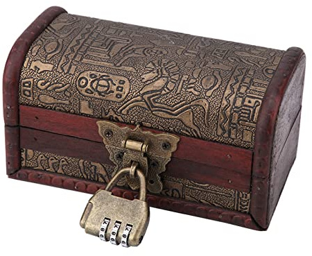Holzkiste mit Deckel, Kleine Schatztruhe Holz Truhe mit Zahlenschloss schatzkiste Wooden Jewelry Box für Aufbewahrung und Dekoration (Kleine Größe mit Passwortsperre)