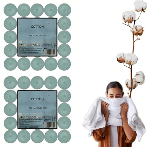 Sicignano | Lumino Candele Profumate Cera Tea Light Cotton Confezione 50 Pezzi, Dimensione 3.8x1.9h cm, Durata 4 ore, Utili per Decorazioni Casa Cena Atmosfera