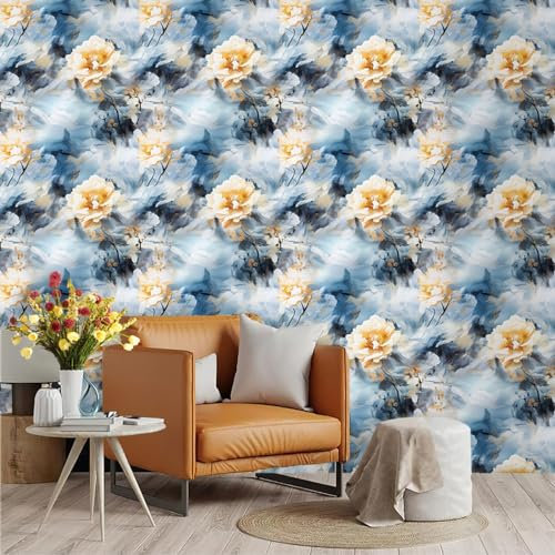 Selbstklebende Tapete Blauorange Pfingstrose Strukturtapete Wandtattoo Schlafzimmer Tapete Selbstklebend Vliestapete Wallpaper for Living Room Tapeten Wandschutzfolie 45x300cm
